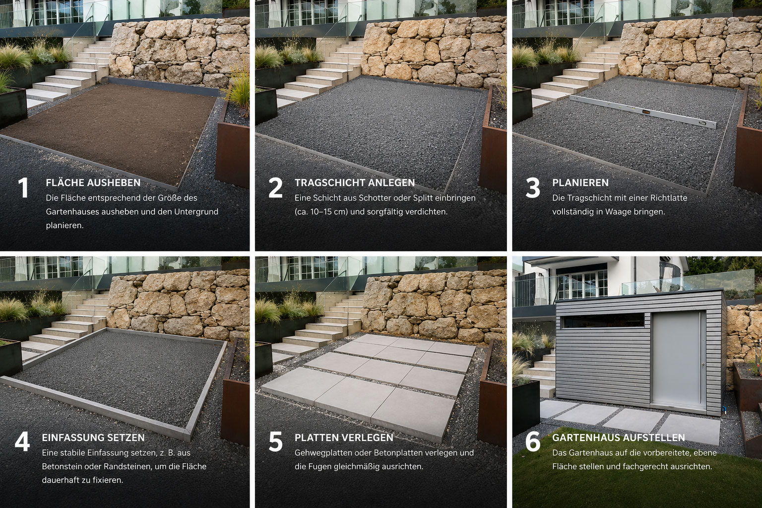 Schritt-für-Schritt-Anleitung zum Aufbau eines Gartenhaus-Fundaments – vom Aushub über die Tragschicht und Betonplatten bis zum fertig aufgestellten Gartenhaus.